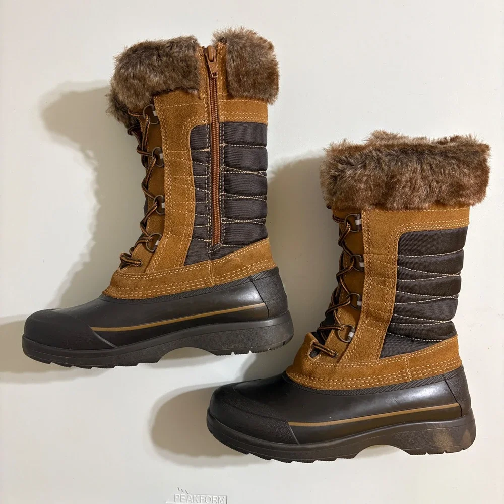 Lands End Womens Snow Duck Boots 7.5 Brown Insulated Faux Fur Winter Gorpcore